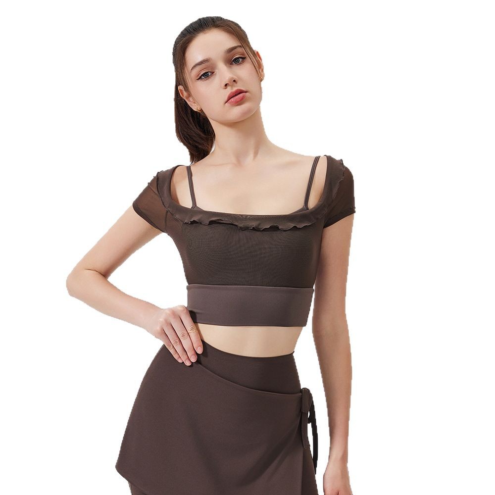 55. Pure desire style lace mesh yoga suit short sleeve with breast pad running quick-drying sports bra one-piece cup fitness suit