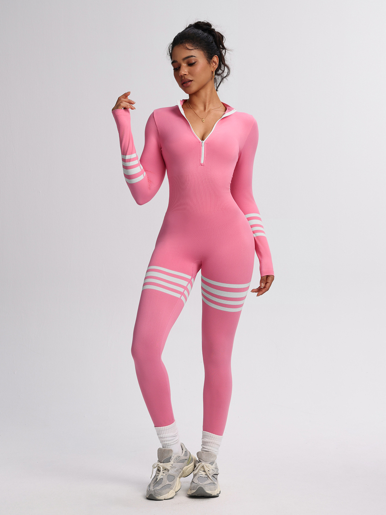 83. Seamless striped trousers with zipper long-sleeved top for outdoor sports fitness suit long-sleeved one-piece yoga for women