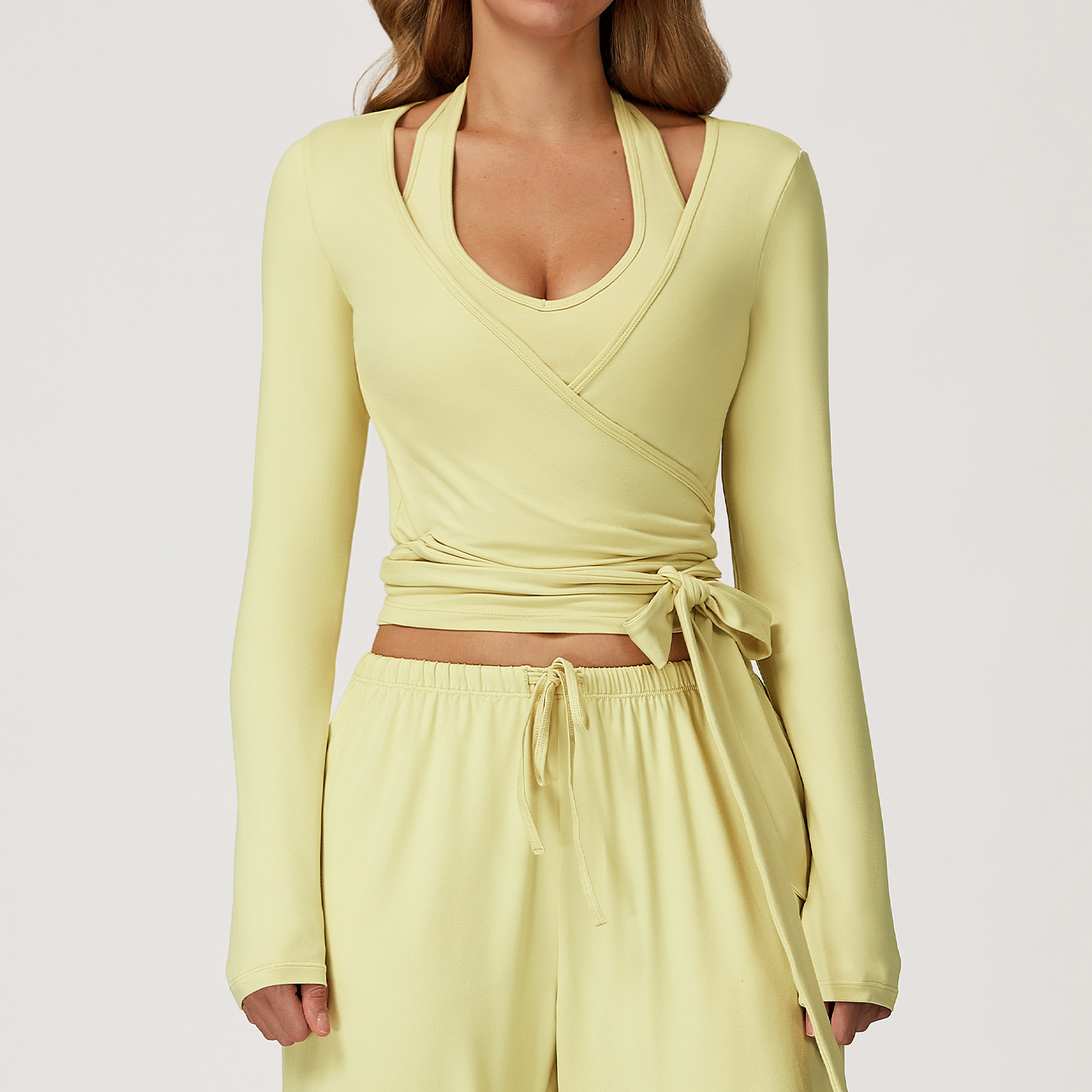 77. Personalized fashion brushed yoga long sleeve one-piece tie yoga suit