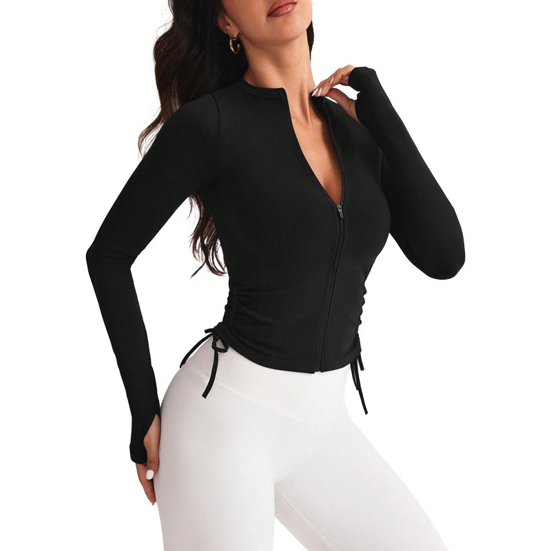 89. Women's drawstring fitness top, long-sleeved, slim-fit yoga jacket.