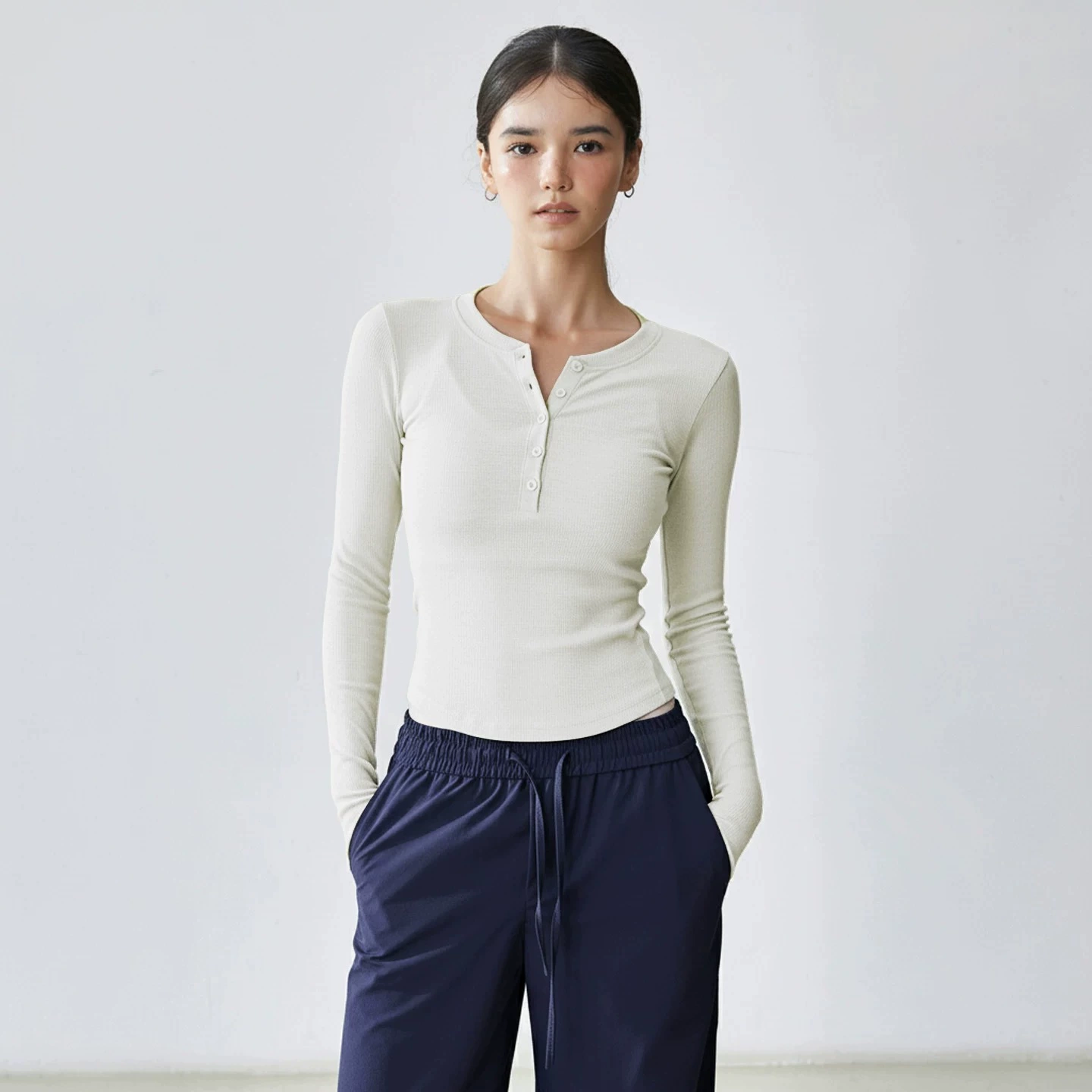 90. Autumn/Winter Henley Shirt Yoga Top, Long-Sleeved Slimming Sportswear, Fitness Clothing, Pilates Training Base Layer, Body-Shaping Top