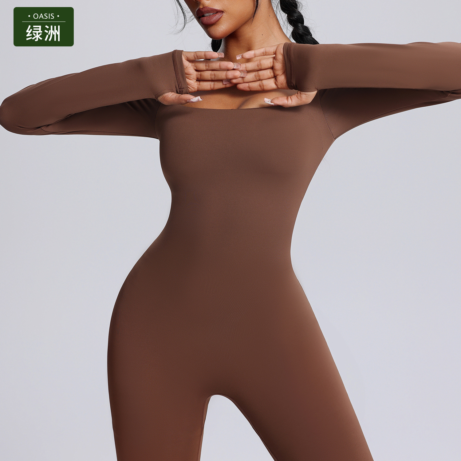 115. Flared Leg Jumpsuit Yoga Outfit, Autumn/Winter Long-Sleeve Square-Neck One-Piece Fitness Suit for Women, Stretchy and Tight-Fitting Sportswear