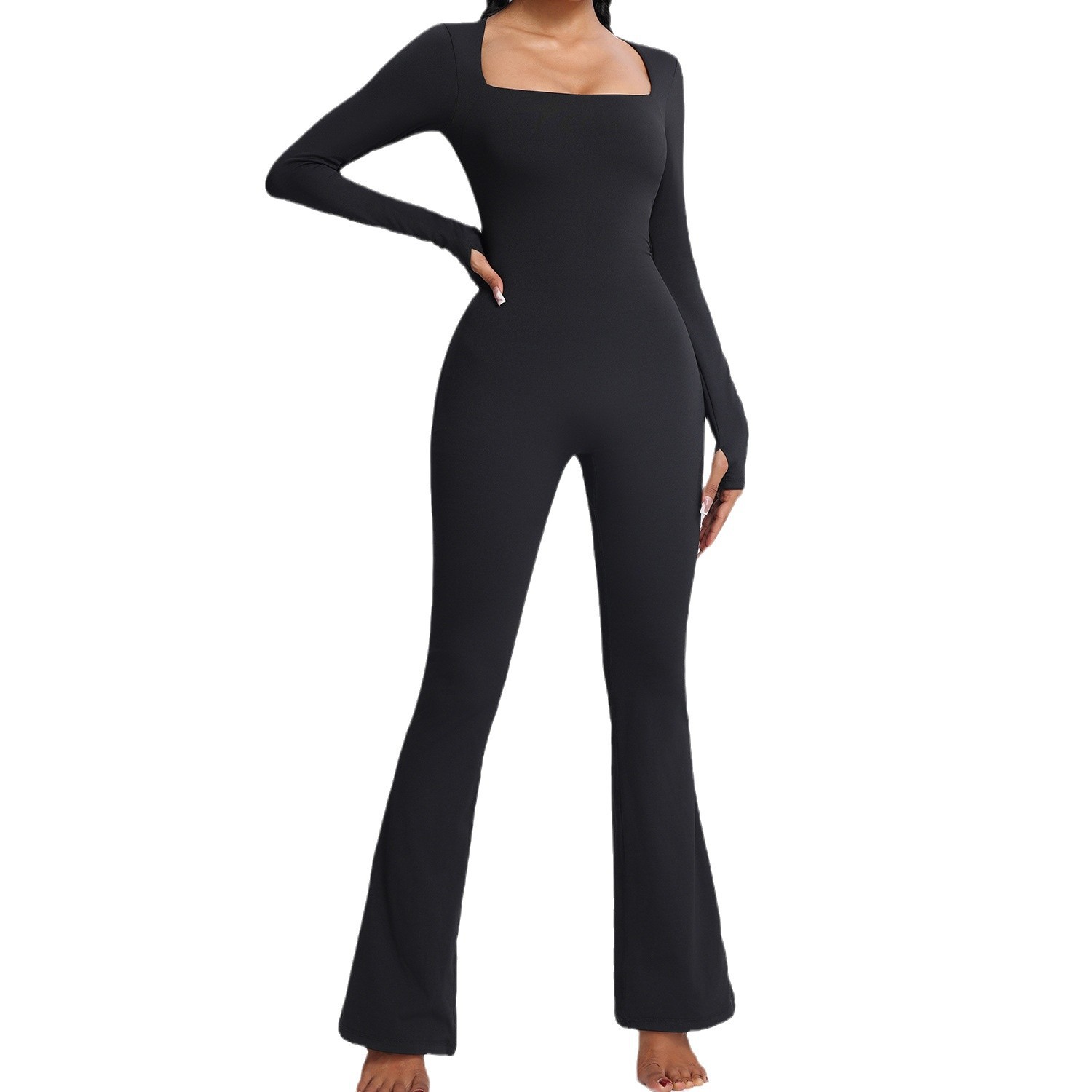 116. Flared Leg Jumpsuit Yoga Outfit, Autumn/Winter Long-Sleeve Square-Neck One-Piece Fitness Suit for Women, Stretchy and Tight-Fitting Sportswear