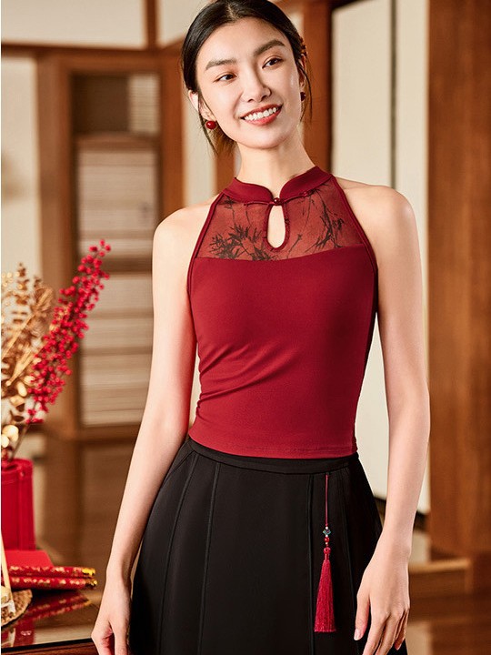 169. Chinese Style Pilates Mesh Cheongsam Collar Sleeveless Slimming Vest Top