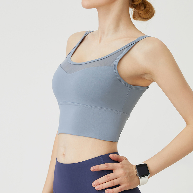 184. Shockproof, supportive, quick-drying sports bra for running and fitness, featuring a criss-cross back and breathable mesh fabric.