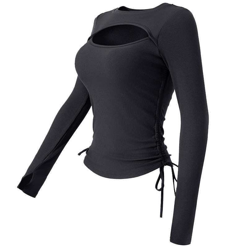 190. Pilates Long-Sleeved Sports Top with Padded Chest and Drawstring for a Slimming Look