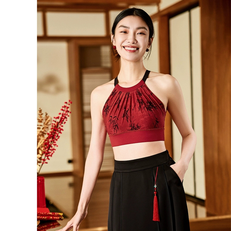 207. Chinese-style design, fashionable color-blocked backless wide-leg two-piece set.