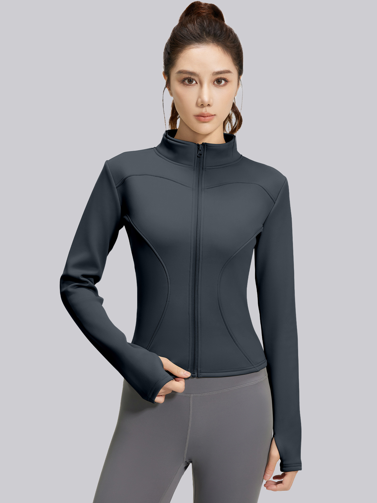 233. Stand-collar, fitted, fleece-lined yoga/workout jacket