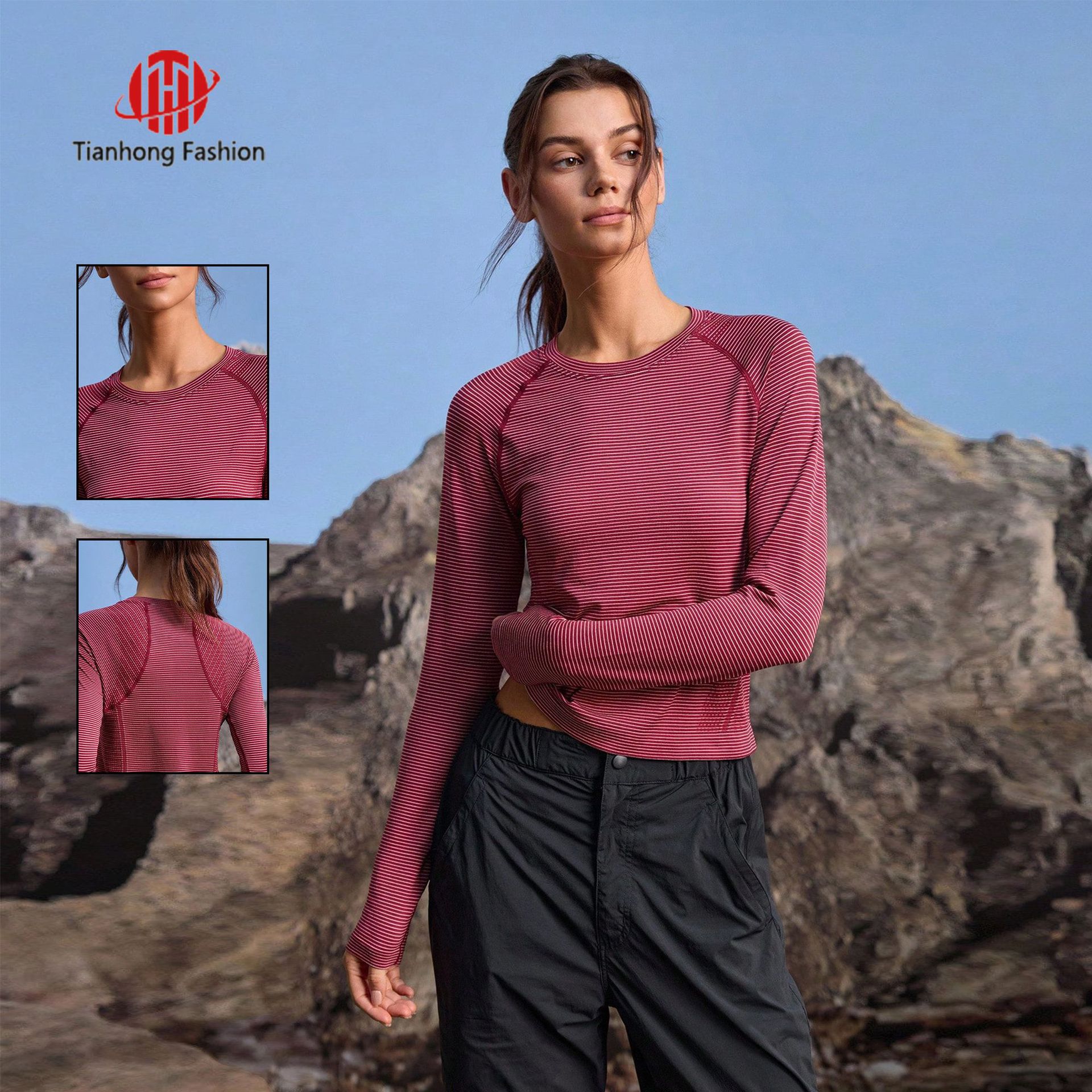 237. Long-sleeved, round-neck, slim-fit, stretchy athletic top for running and fitness.